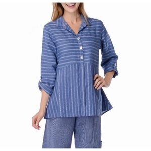 Habitat Linen Button Down Shirt Sz M White Blue Pin Striped Style Coastal